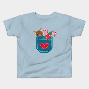 Cute Christmas Moose and peppermint pocket Kids T-Shirt